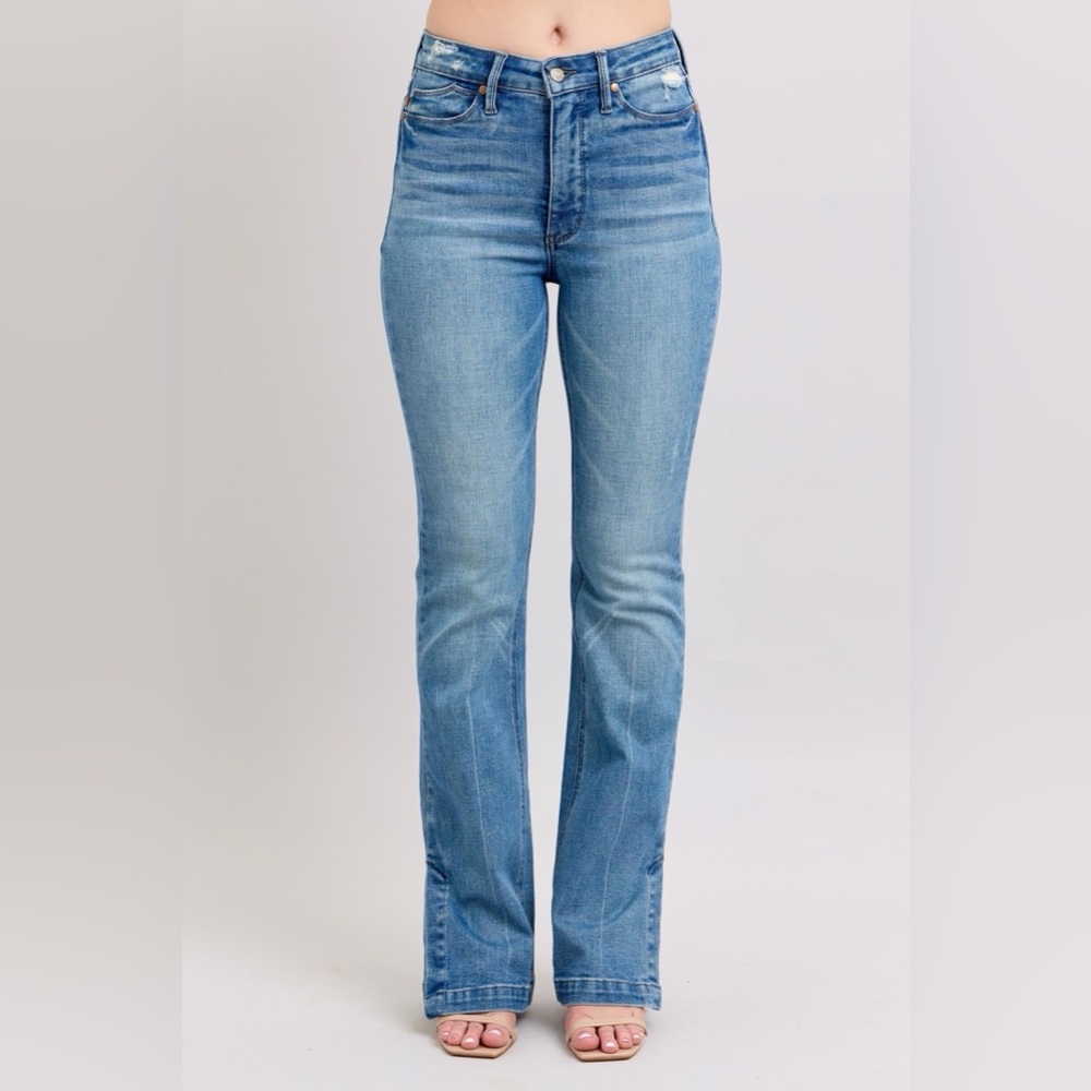 🔥SOLD OUT- Judy Blue HW Tummy Control Vintage Wash Side Slit Slim Boot Jeans